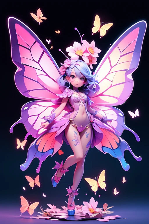 Create a picture of a butterfly monster.. The body is transparent and can be seen through. The image is sharp and detailed., with beautiful colors.. With arms, leg, eyes, mouth, พื้นหลังสีlegว