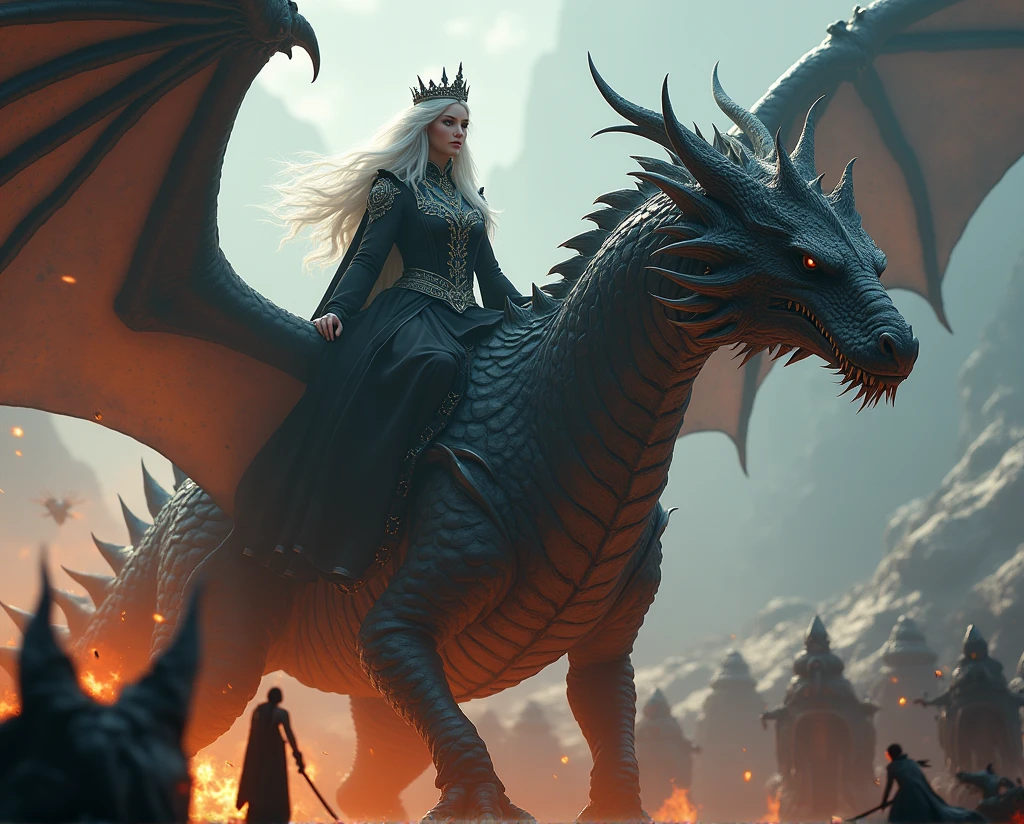 generate landscape picture, 1080p, beautiful woman with silver hair, sitting ride a dragon on its back, wearing black noble outfit,crowned by silver obsidian crown, surround by her enemies, the dragon spitting fire and burn the enemies