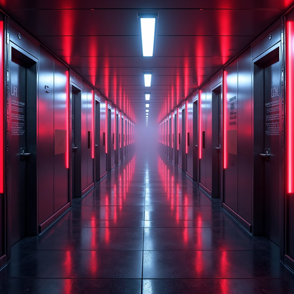 An endless hallway in a futuristic government building. The walls are made of polished metal, with neon lights that cast ominous shadows. Every closed door along the hallway is a mystery, with encrypted inscriptions and mysterious symbols