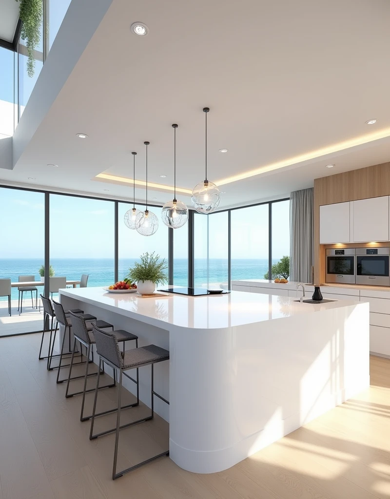  A modern luxury kitchen in a seaside house, with sleek white cabinetry, a large island with bar stools, and stainless steel appliances. Large windows offer a panoramic view of the ocean, and the space is filled with natural light. The background includes decorative elements like hanging pendant lights, potted herbs, and a bowl of fresh fruits. hd quality, bright and open, contemporary style, crisp white, natural wood accents, beachy elegance, modern chic, --ar 16:9 --v 6.0
