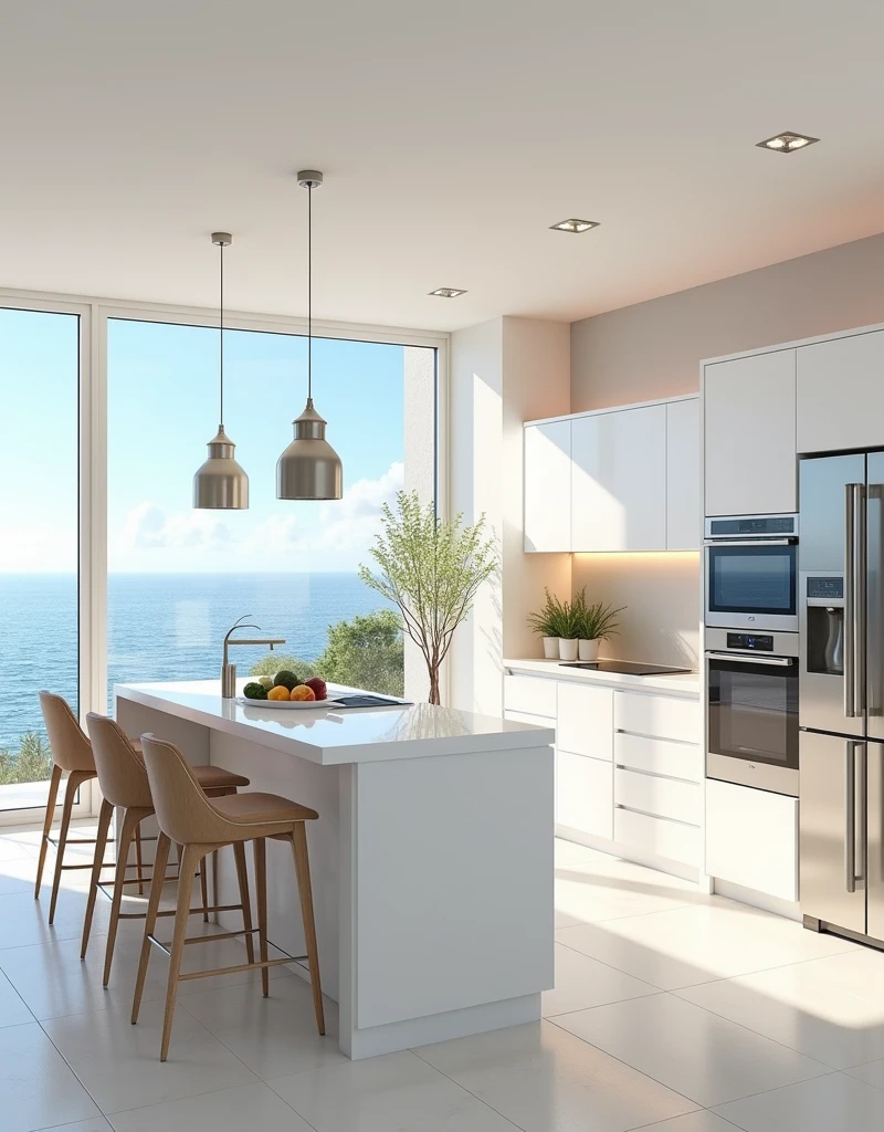  A modern luxury kitchen in a seaside house, with sleek white cabinetry, a large island with bar stools, and stainless steel appliances. Large windows offer a panoramic view of the ocean, and the space is filled with natural light. The background includes decorative elements like hanging pendant lights, potted herbs, and a bowl of fresh fruits. hd quality, bright and open, contemporary style, crisp white, natural wood accents, beachy elegance, modern chic, --ar 16:9 --v 6.0
