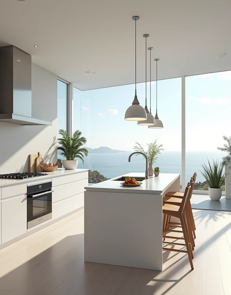  A modern luxury kitchen in a seaside house, with sleek white cabinetry, a large island with bar stools, and stainless steel appliances. Large windows offer a panoramic view of the ocean, and the space is filled with natural light. The background includes decorative elements like hanging pendant lights, potted herbs, and a bowl of fresh fruits. hd quality, bright and open, contemporary style, crisp white, natural wood accents, beachy elegance, modern chic, --ar 16:9 --v 6.0

