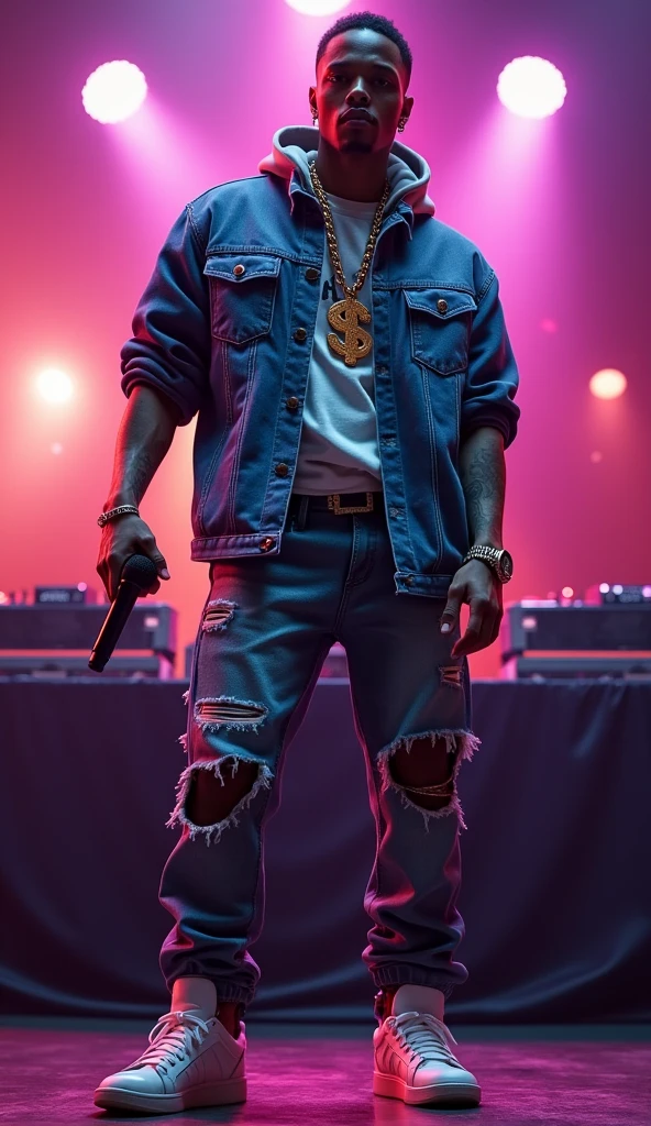 A white rapper with a dollar sign chain on his neck, low rise jeans, wearing sneakers, has a mic on his hand with a DJ setup behind
