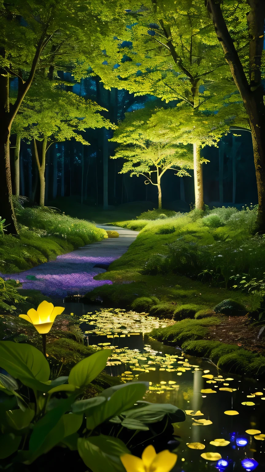 Create a scene of a magical forest at night illuminated by moonlight. The moon casts a soft, enchanting glow over the forest, creating a mystical atmosphere. The forest is filled with a variety of flowers in different colors and shapes, blooming abundantly. Focus closely on several of these flowers, depicting their details with moonlight reflecting softly off their petals. Fireflies are scattered throughout the scene, emitting gentle green and yellow lights, adding to the ethereal ambiance. Include the deep shadows of the forest and the subtle play of light and dark created by the moon
