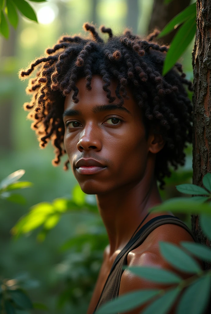 The face of a young man with brown skin and twist locks in the forest
