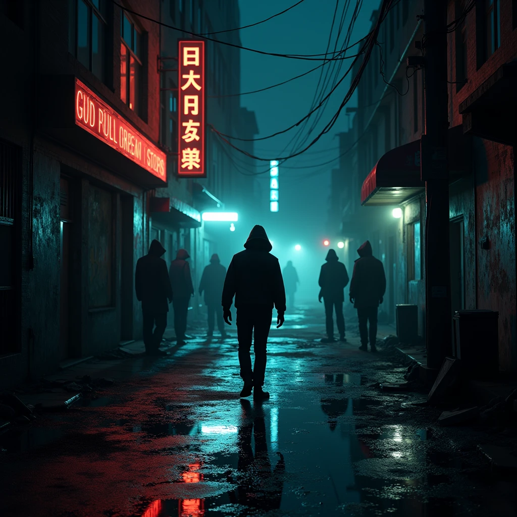 A dark alley in a crime-ridden city, with puddles of dirty water reflecting neon lights. Hooded figures lurk in the shadows, and deep down, A ruined building shows broken windows and chaotic graffiti. A desperate man walks down the alley, haunted by his own demons