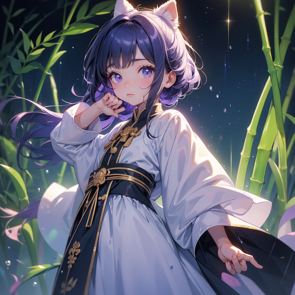 A chibi child girl had a small face and Wearing white little Taoist priest's outfit. A pair of big round eyes shone with curiosity about him. This child was so cute, Background is a dark moonless night, with dry trees in the background, and purple glowing light
The back is a lush green bamboo forest. The air after rain has water droplets splashing around.