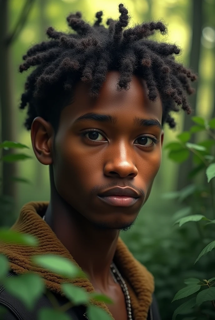 The face of a young man with brown skin and twist locks in the forest