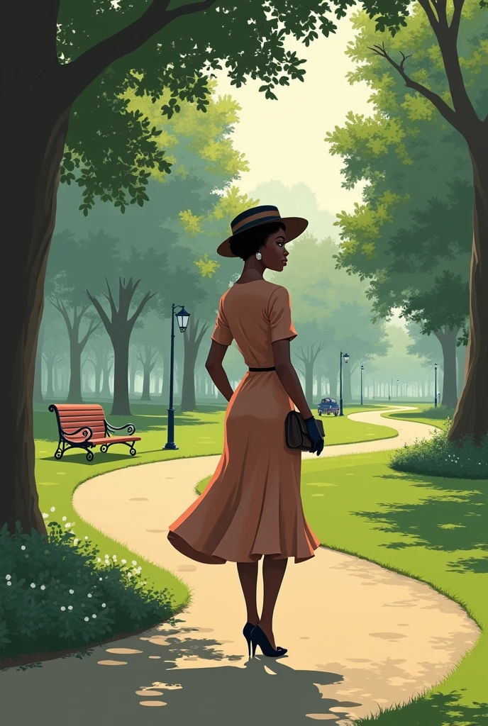 a black girl from 50's decade walking at the park