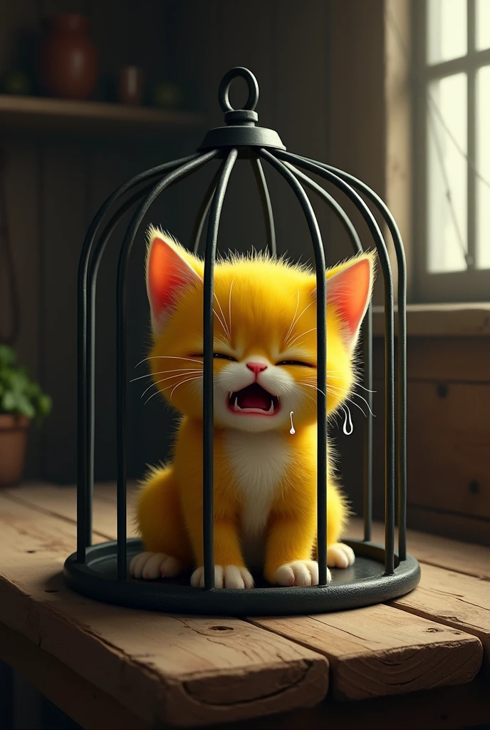 A yellow lemon kitten inside a black metal cage inside a farmer's house the cage is placed on a wooden table the yellow lemon kitten is crying with tears