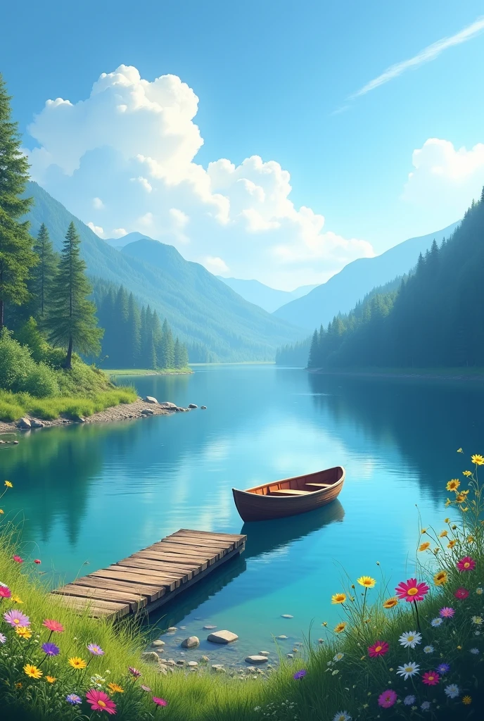"Create a realistic image of a serene landscape featuring a tranquil lake surrounded by lush, green forests. The sky is a clear blue with a few wispy clouds, reflecting softly on the calm water. In the distance, gentle mountains rise against the horizon. A small wooden dock extends into the lake, with a lone rowboat tied to it. Wildflowers of various colors dot the grassy shoreline, adding vibrant touches to the scene."