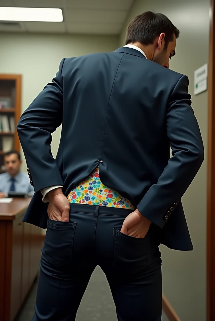 An FBI agent has a ripped in the back seams of his pants exposing his funny whimsical briefs
