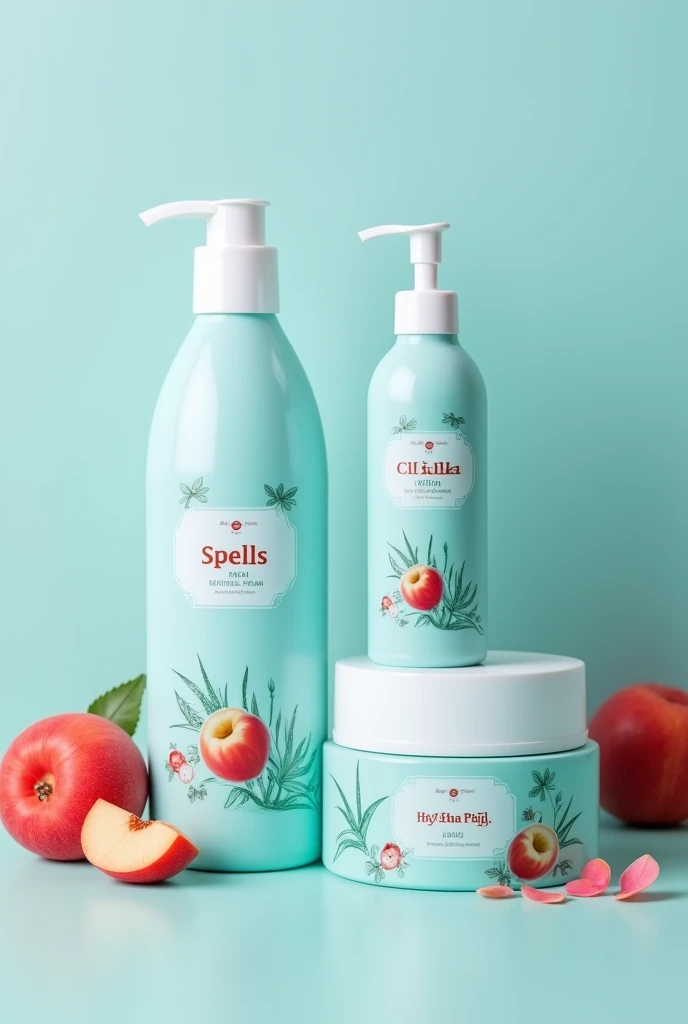 create a skin care kit called "spells" based on aloe vera and peach with the brand bigpharma, The whole package is light blue and a little bit of red, the kit contains, bar soap, Liquid soap and a moisturizing oil