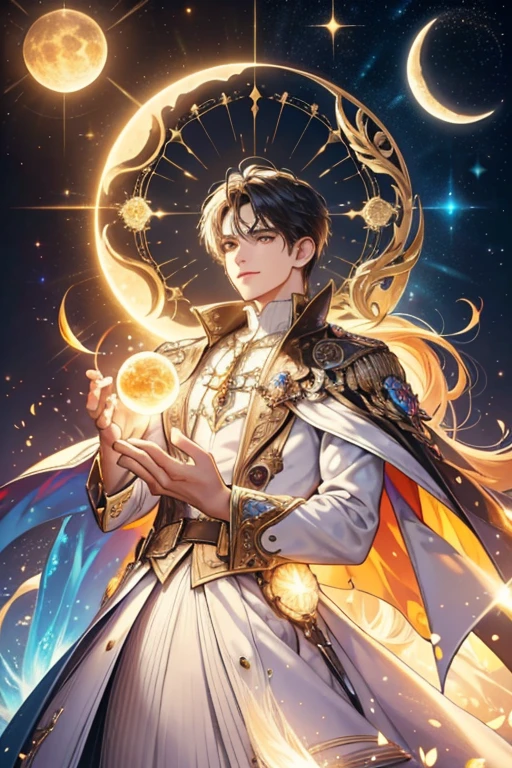 A light battle ship surround by the magician circle with inside the orb has a diamond, many shining butterfly, smile, sparkle sky, shining, gust of wind, light bright flowers, sun and moon, dark light of fantastic and cosmological with universal. Amazing view very bright and warm starry. Detail, HD, Enchanted. Dynamic, Gorgeous, Multiple colours. Handsome perfect face and anatomy. Amazing bright clothes. Very epic and bright, best angle. A god. Golden shining accessories. Handsome man. Sky half bright, half starry dark. Diamond on the crown, split up sky into day and night. A man