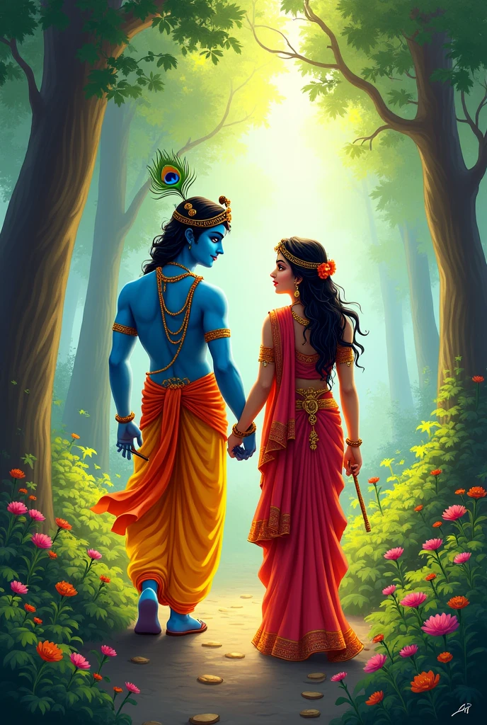 Illustrate Little Krishna and Radha walking hand in hand through a vibrant forest. Krishna, with his peacock feather crown and flute, is smiling at Radha, who is adorned in a colorful sari with flowers in her hair. The forest is lush with greenery, blooming flowers, and rays of sunlight filtering through the trees, creating a serene and romantic atmosphere.
