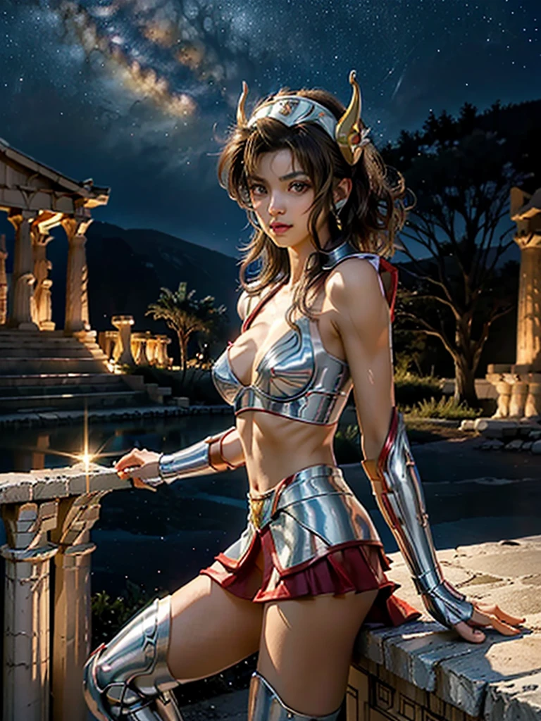 masterpiece, best quality, ultra high res, realistic skin texture,silver armor, armature, (photorealistic:1.4), high resolution, raw photo, 1 girl, shiny skin, (detail skin:1.2), realistic skin texture, best lighting, wearing red panty, (perfect breast:1.3), sparkle, mecha armor, (short hair:1.2), (Pegasus Seiya:1.2), wearing a winged helmet, dramatic lighting, dynamic pose, (greek temple background:1.3), night sky, cosmos, milky way,