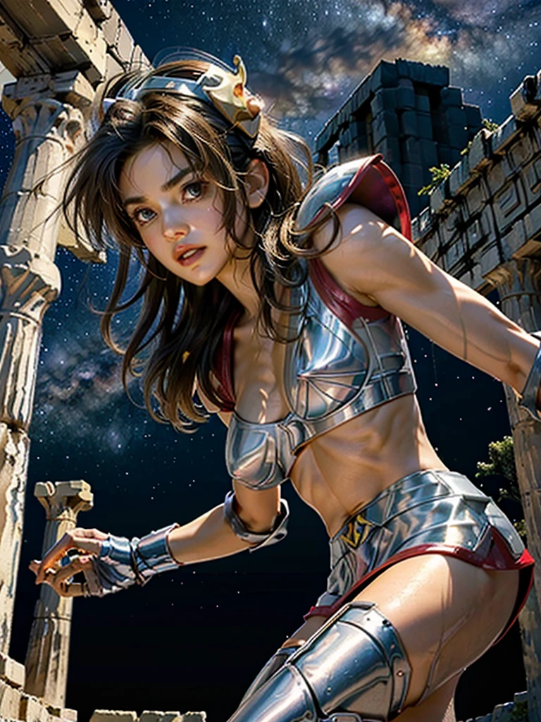 masterpiece, best quality, ultra high res, realistic skin texture,silver armor, armature, (photorealistic:1.4), high resolution, raw photo, 1 girl, shiny skin, (detail skin:1.2), realistic skin texture, best lighting, wearing red panty, (perfect breast:1.3), sparkle, mecha armor, (short hair:1.2), (Pegasus Seiya:1.2), wearing a winged helmet, dramatic lighting, dynamic pose, (greek temple background:1.3), night sky, cosmos, milky way,