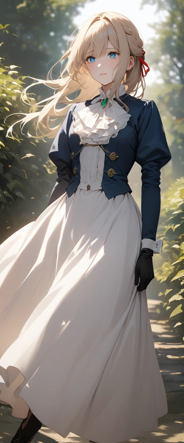 France in the 1890s。The main character of Violet Evergarden has blonde shoulder-length hair with a red ribbon.。She is wearing a classical aristocratic outfit based on ultramarine blue, with a white ribbon on her chest and an emerald necklace in the center.。On both arms, he wears long black leather gloves that reach up to his elbows.。She has very beautiful blue eyes。In the background you can see a slightly blurred French garden.。She always looks sad and lonely。Beautiful and realistic photos.。Walking far away。She is wearing a white flared skirt.