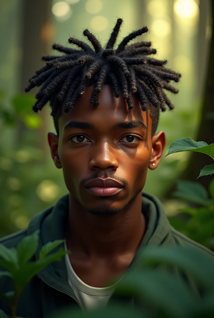 The face of a young man with brown skin and twist locks in the forest 