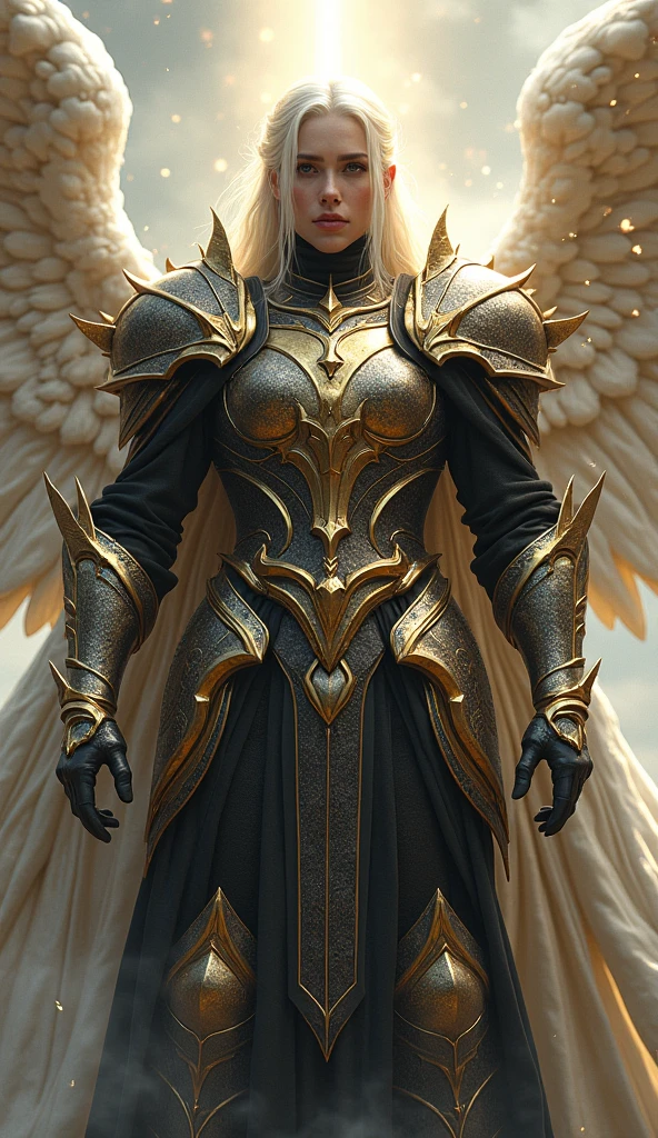 A warrior wearing an angel-like black & white golden armour