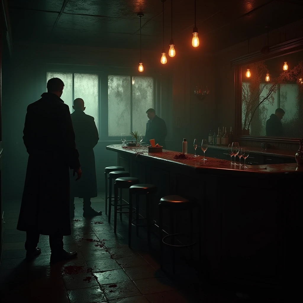 A deserted bar, with blood-stained mirrors and spilled wine glasses on the counter. The lighting is dim, with a dramatic contrast between deep shadows and warm lights. The reflection in the mirrors reveals shadowy figures lurking in the corners.