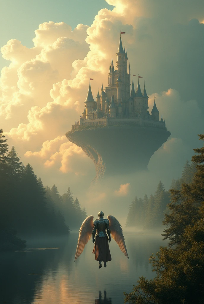 Create an ultra-realistic cinematic sky image, with trees lake also insert a castle in the clouds is to put a knight in armor with angel wings flying towards the castle that is in the sky with many clouds fantasy magical with background blur with a 50mm lens warm colors