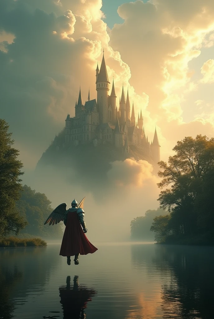 Create an ultra-realistic cinematic sky image, with trees lake also insert a castle in the clouds is to put a knight in armor with angel wings flying towards the castle that is in the sky with many clouds fantasy magical with background blur with a 50mm lens warm colors