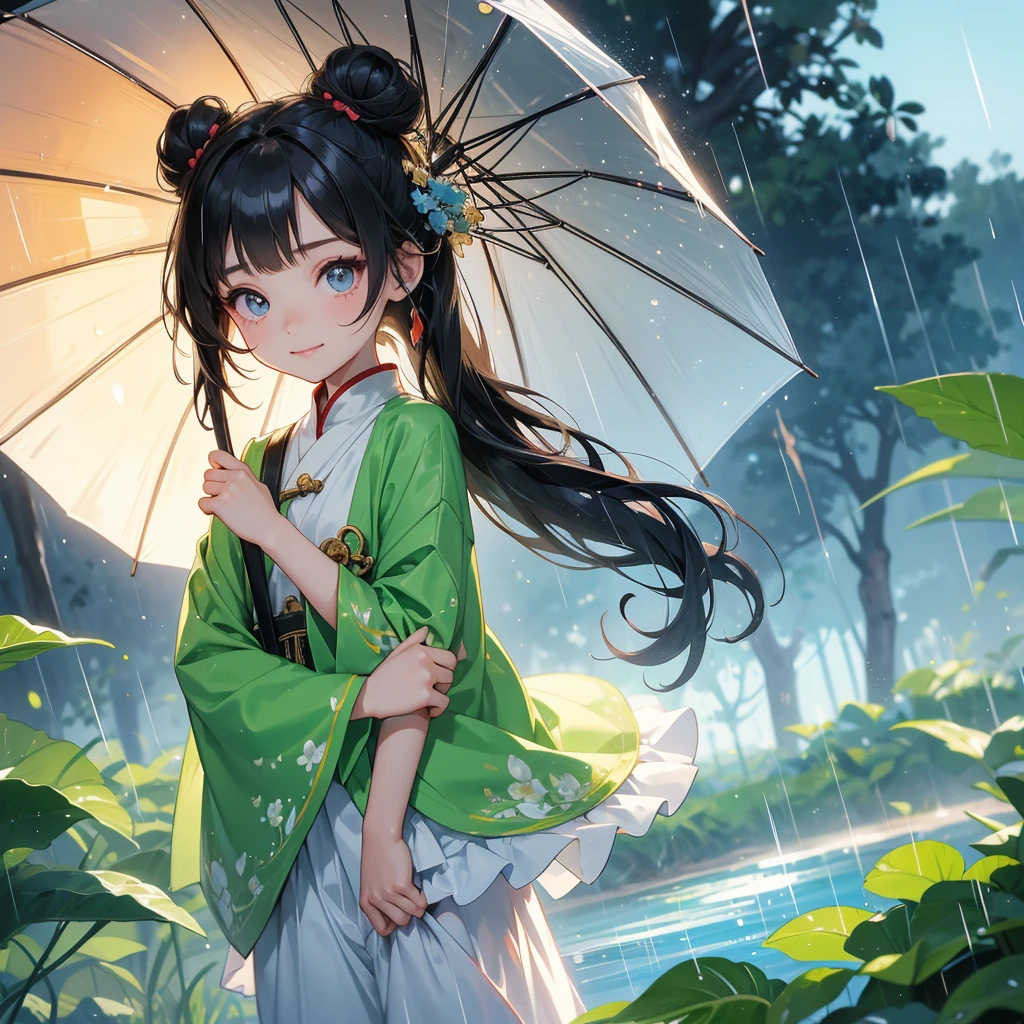 A chibi child girl had a small face and Wearing white little Taoist priest's outfit. A pair of big round eyes shone with curiosity about him. This child was so cute,her hair is black with two buns on her hair.small chibi, chibi baby, smiling ,Chibi.
Stand holding an umbrella to protect from the rain. Rain fell and splashed around. There are water droplets falling on the leaves in the surrounding area, green and moist, the atmosphere after rain.