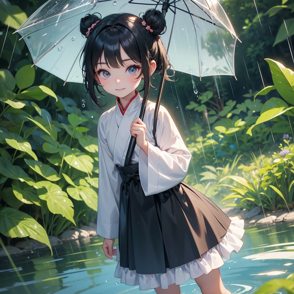 A chibi child girl had a small face and Wearing white little Taoist priest's outfit. A pair of big round eyes shone with curiosity about him. This child was so cute,her hair is black with two buns on her hair.small chibi, chibi baby, smiling ,Chibi.
Stand holding an umbrella to protect from the rain. Rain fell and splashed around. There are water droplets falling on the leaves in the surrounding area, green and moist, the atmosphere after rain.