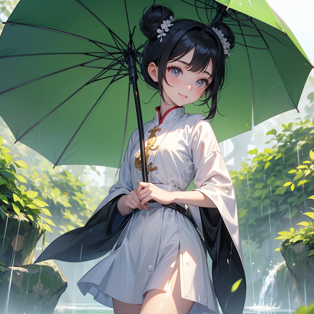 A chibi child girl had a small face and Wearing white little Taoist priest's outfit. A pair of big round eyes shone with curiosity about him. This child was so cute,her hair is black with two buns on her hair.small chibi, chibi baby, smiling ,Chibi.
Stand holding an umbrella to protect from the rain. Rain fell and splashed around. There are water droplets falling on the leaves in the surrounding area, green and moist, the atmosphere after rain.