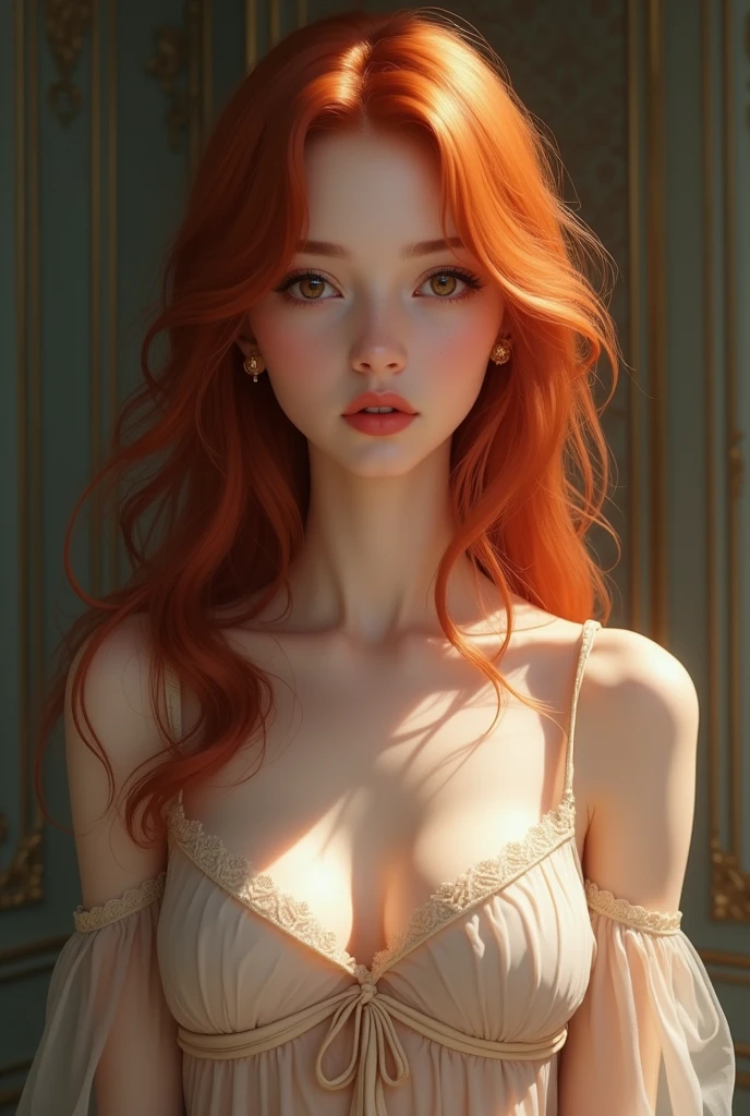 Best Quality, Masterpiece, (Realistic: 1.2), 1 girl, slim girl, red hair, brown eyes, front, detailed face, beautiful eyes, brown eyes, big eyes, small breasts, cleavage, long dress