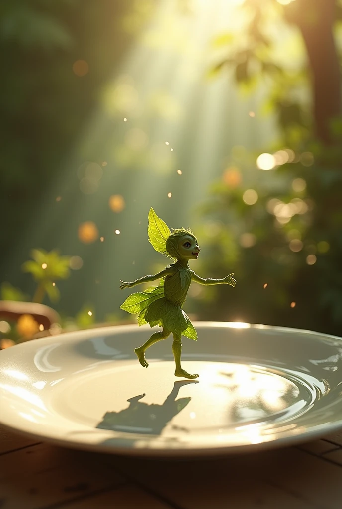 A whimsical miniature figure composed of delicately arranged leaf , poised in a carefree dance on the rim of a plate, white shiny plate, set on a table, vibrant bedroom backdrop, where dappled sunlight filters through the canopy above, casting intricate shadows. The overall aesthetic is ethereal, with warm, earthy tones of sienna, umber, infused with hints of emerald and golden light, evoking a sense of wonder and enchantment, as if plucked from a fantastical realm.