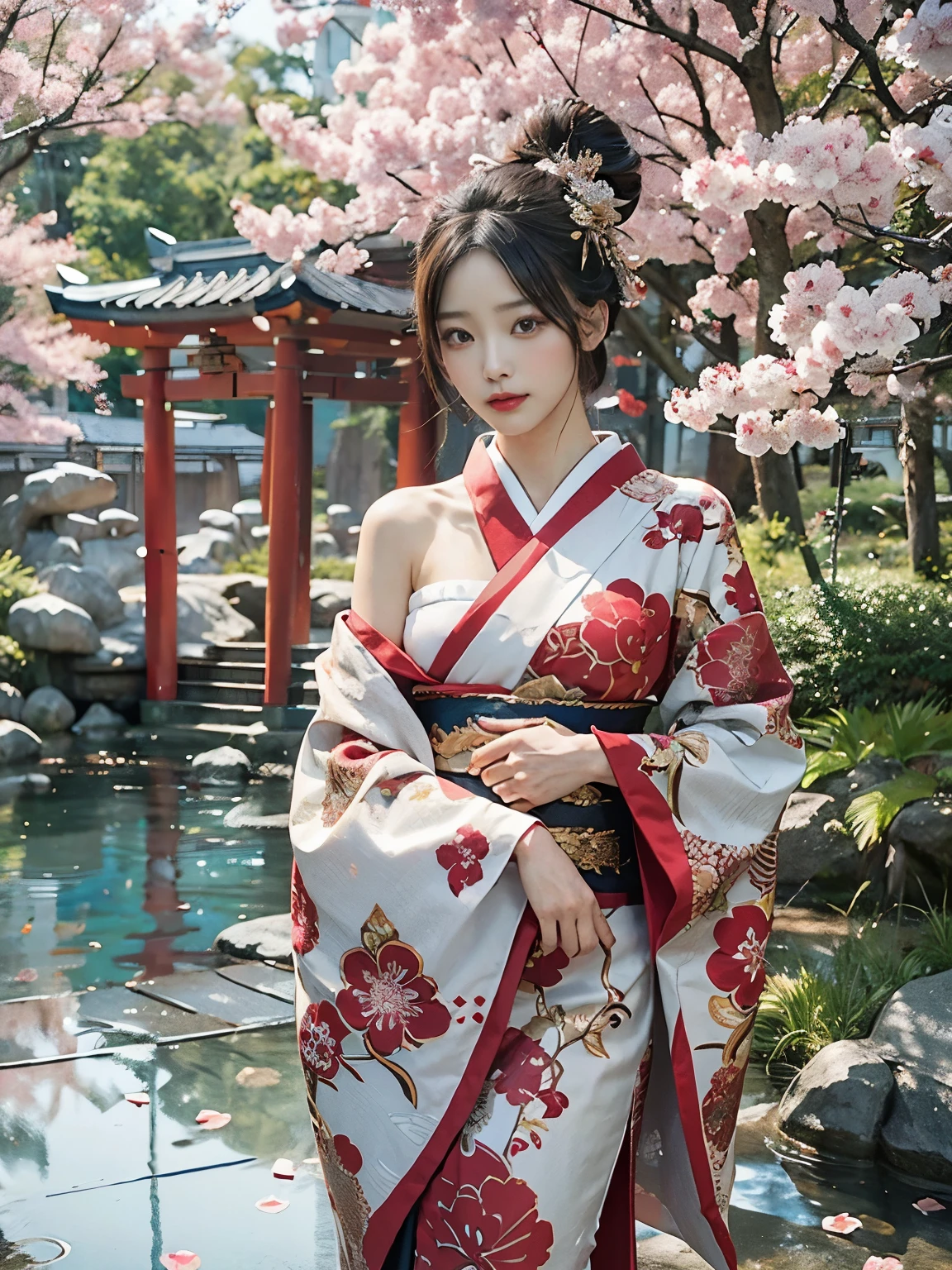 In a futuristic scene, Geisha in Japan with mechanical reinforcement、Elegant in elaborate gardens. She has beautifully detailed eyes and lips that complement her face. Geishas wear traditional kimonos with intricate patterns and designs. Around her are bright cherry trees and a quiet carp pond. The scene is painted with a blend of illustration and photorealism, Ultra-detailed brush strokes and clarity, Vivid colors. Lighting emphasizes the elegant features of the geisha, Gives her porcelain skin a soft glow. Artwork is of the highest quality, 4K or 8K resolution, Showcase the intricate details of geisha attire, cherry trees, And the shimmering scales of carp. The overall color scheme is、It is a combination of traditional shades of Japan, Crimson, etc., blacks, and subtle gold accents, With a futuristic twist. The fusion of ancient traditions and modern technology is、Create captivating and visually striking masterpieces.shoulders are exposed, Chest is visible、You can see the valley、are visible、Shoulders exposed、Chest revealed