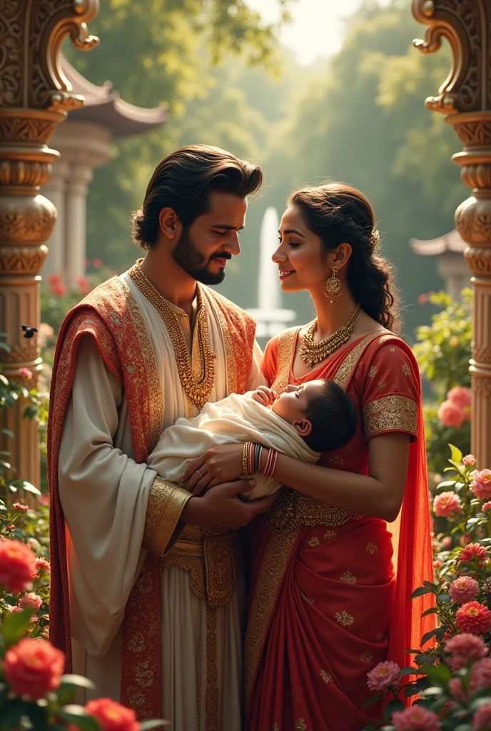 Indian king and queen with her newborn baby boy in the garden with flowers animals birds and her friends 
