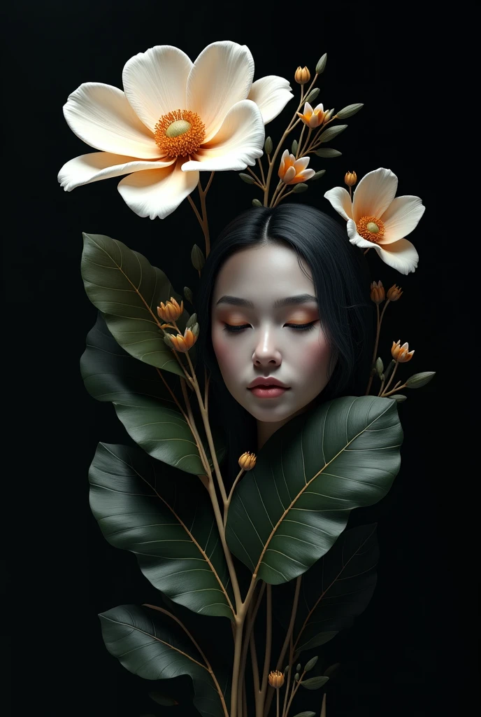 Black background with 3D image flower leaf girl image