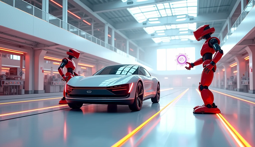 3D rendering of the interior of a car factory with two red industrial robots and a futuristic hologram that displays data about cars in front. A modern white electric vehicle is being assembled on production lines, with a light white color theme and red accents, bright, side view, global illuminations, motion lines, ray tracing, Science fiction movie atmosphere.