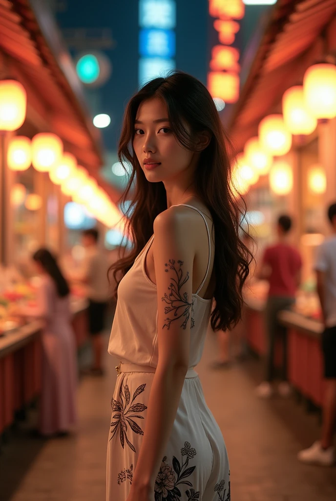 Beautiful girl wearing a white top and bell-bottom pants standing at Lin Night Market in Taipei City，There are ink paintings on the top and pants，bokeh