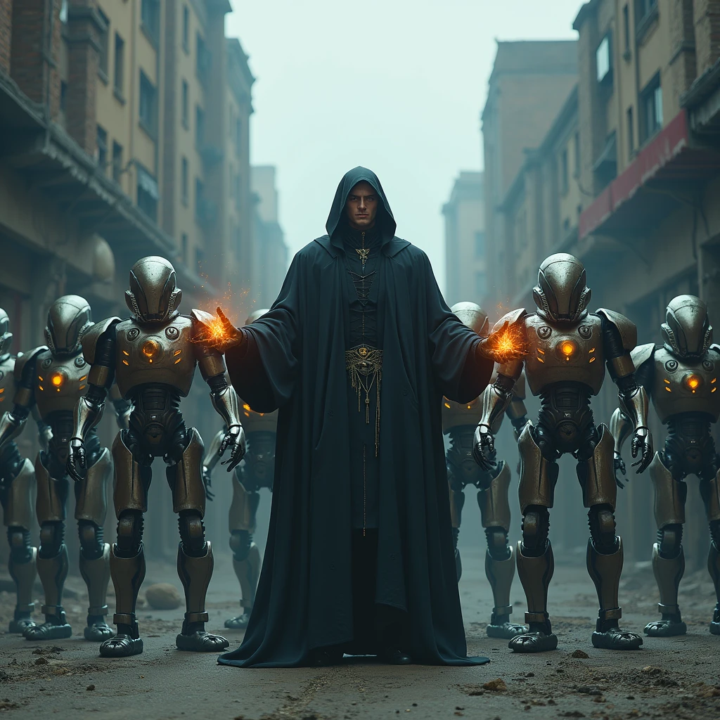 A sorcerer from the future, who controls an army of robotic minions, is located in a desolate urban landscape. His hands glow with dark energy, as his metal creatures unfold around him, ready to carry out your orders in a dramatic and dark setting.