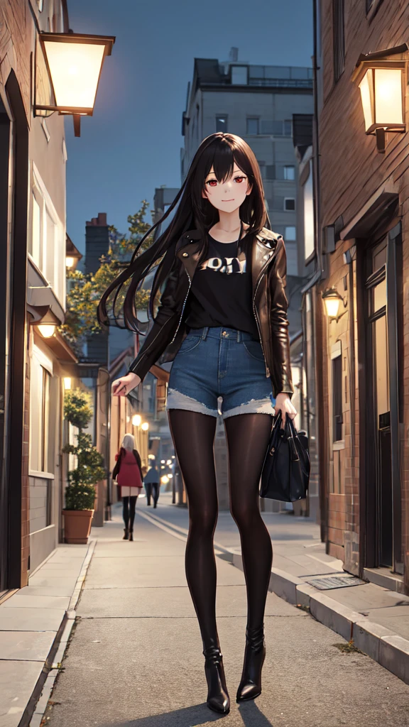 Best quality, ultra quality, 4K, beautiful view, best photo,
1 girl, high, slim, long hair, Thin legs, Red eyes, the eye is covered by hair, black hair, White T-shirt, Leather Jacket, blue jeans, Cold evening, city, walk, wear, knee-high boots, medium heels, Brown boots, carry a package, looking at the viewer, Beautiful face, lamp post, sidewalk, car, everything is great,