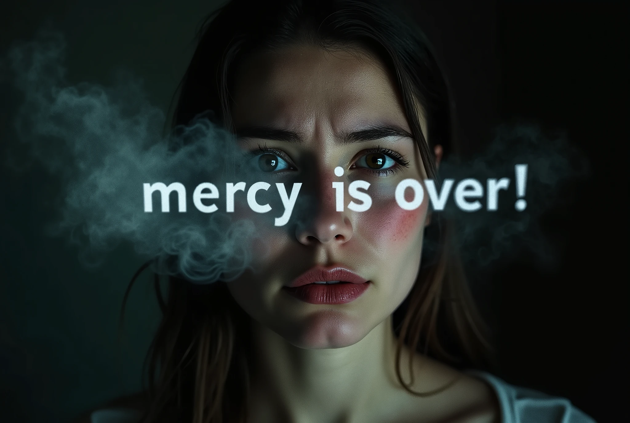 A photorealistic image captures the intense gaze of a woman whose eyes are filled with deep sadness and anger. Her eyes are dark and piercing, slightly bloodshot with the traces of recent tears still visible on her flushed cheeks. The expression on her face conveys a raw, powerful emotion, as if she is on the brink of breaking, yet holds a fierce resolve. Bright lights, backlit. (YES SFW).

Suspended in the air between her eyes and the viewer, a translucent, almost ghostly message reads exactly: "Mercy is over!" The text appears as if it's floating, blurred at the edges, with the letters formed from a faint mist or dark smoke that lingers in the space. The words are readable, but not so bright, hovering just in front of her gaze, creating a surreal yet powerful effect.

The lighting is soft, casting subtle shadows that accentuate the lines of her face and the intensity of her expression. The background is dark and out of focus, drawing all attention to her face and the ominous message suspended before her. The overall tone of the image is haunting, with the ethereal text adding a layer of depth to the woman's emotion, making the scene both unsettling and deeply evocative.