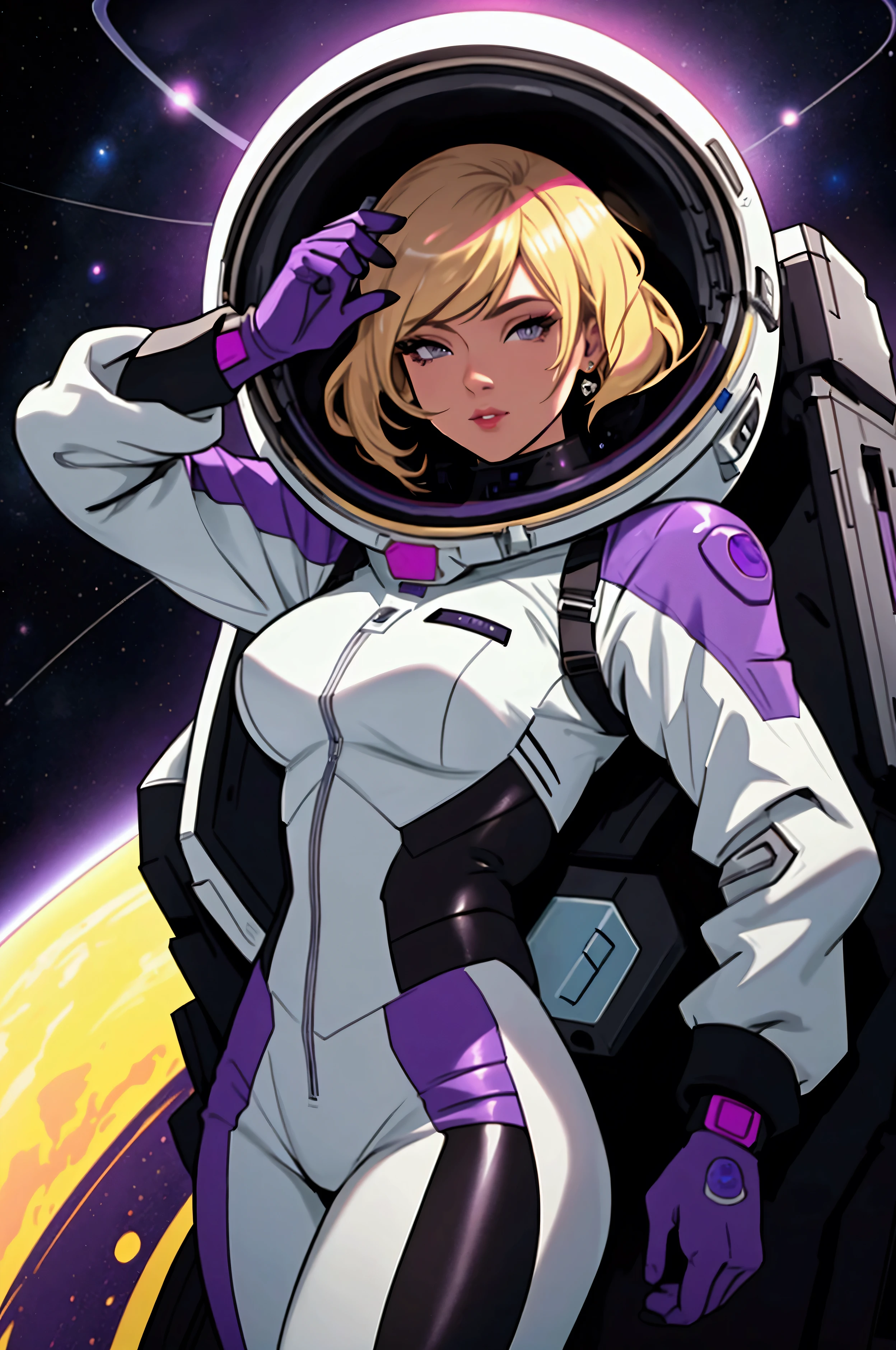 sp4c3w0m3n woman with blond hair, wearing a purple and black space suit, pinup pose, on spacenave.