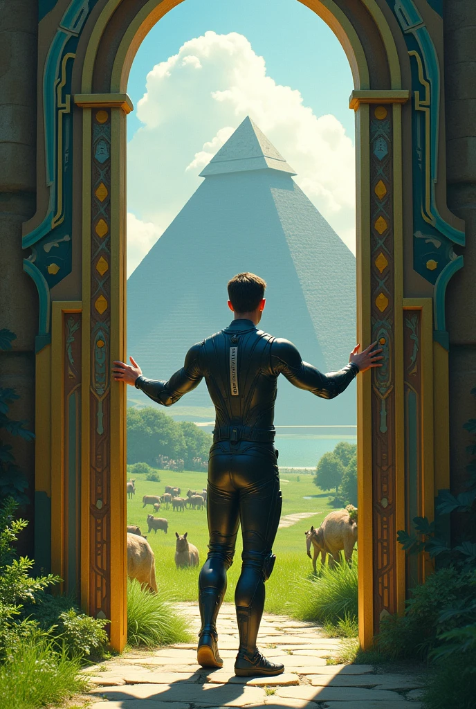 Un homme avec des vêtements futuristes pousse des deux mains des portes futuristes  avec des figures géométriques de couleurs différentes sur la porte et devant lui une pyramide avec de l'herbe et des animaux ,le tout ressemblent à la peinture que j'ai publié 