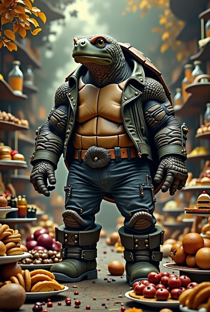 A very large turtle looks forward wearing a rock singer's clothes and behind it is a lot of food.