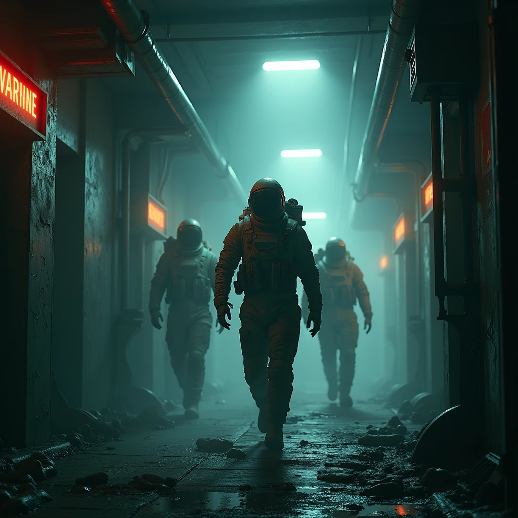 An abandoned space station, with dark and foggy corridors. ghostly figures, dressed in old space suits, float in zero gravity, While flashing lights and warning signs create an atmosphere of growing tension.