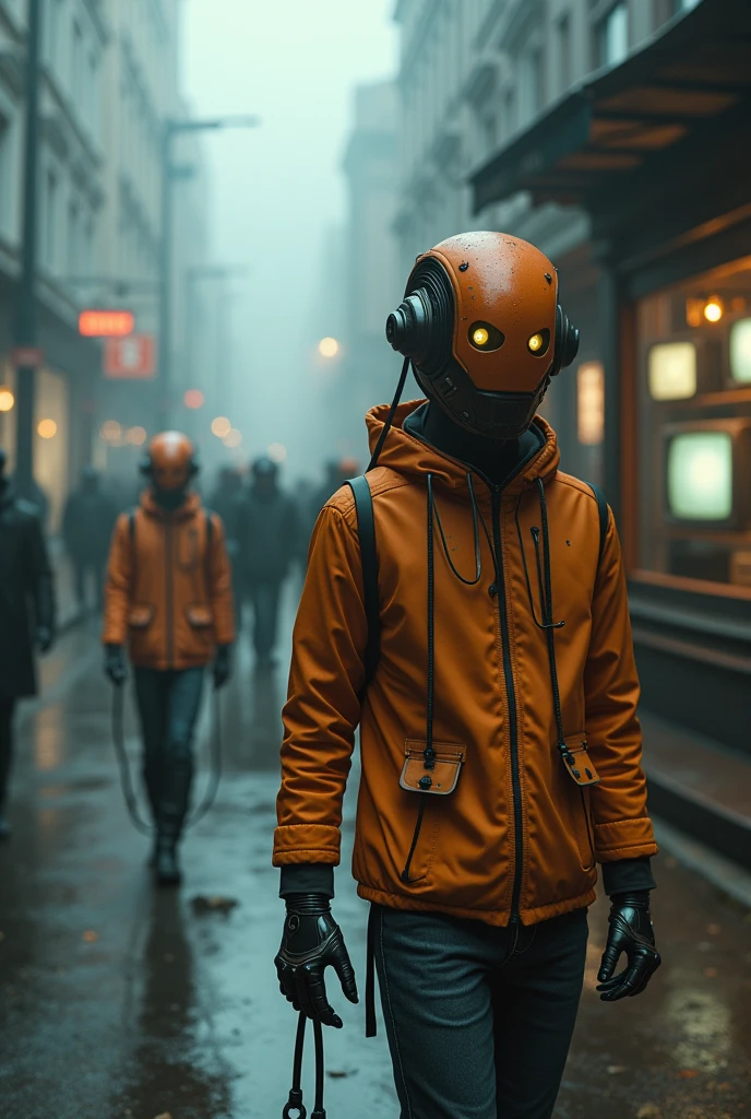 Super realistic scene in a street futuristic and destopyc sad,with robots humanoïdes with their metallic orange masks with cables, and light in their eyes in a foggy street very sad atmosphere doing every day's work and looking in front of a vitrine where old televisions are exposed