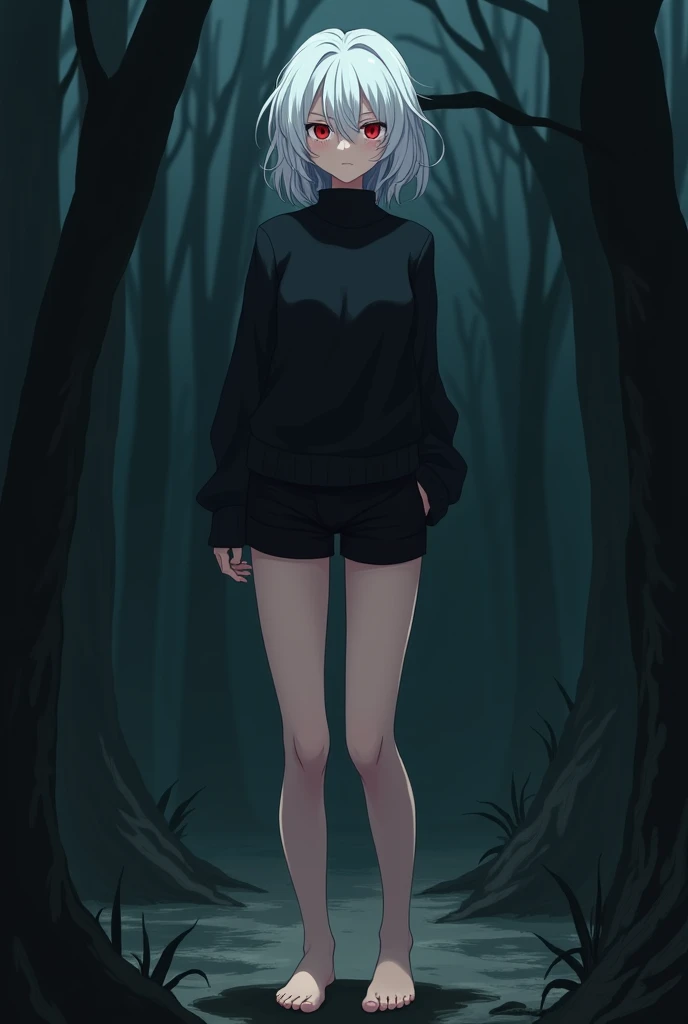 The image is in adult anime style cowboy bebop or Darker than black style with shadows and dim lights, anime style although somewhat adult and dark, It shows an adult woman, Mature 30 year old albino woman with red eyes wearing a black sweater that reaches her hips. She has black mini shorts. It&#39;s in a dark forest. You can see his bare feet, high. Uneven wavy short hair. She is standing in the middle of the forest, has clean toenails. It is in combat position, concerned