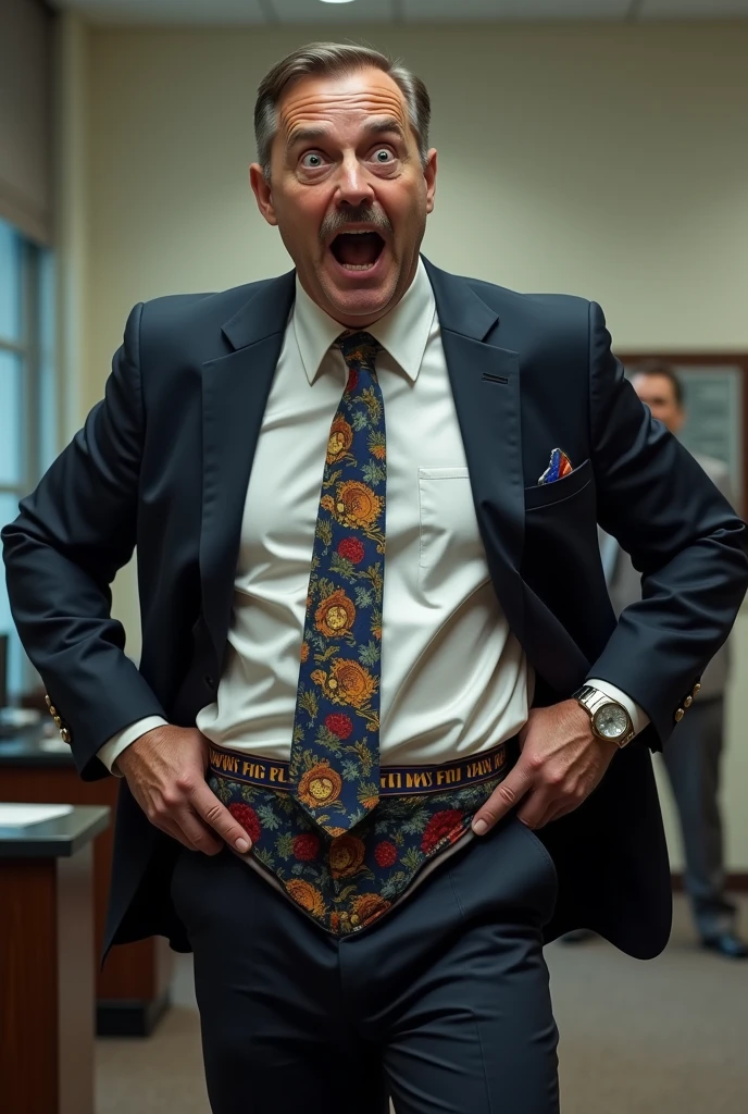 An FBI agent ripped his pants on seams of his pants exposing his funny whimsical briefs
