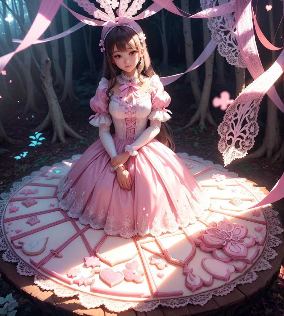 Create gorgeous handmade cookies that fit together like a puzzle in the forest Candy Castle Fairy World chocolate The light shines through Delicate lace and ribbon Light color gem lame Photon Mapping High Contrast Diamond particles antique The color is pink and white Cookie Puzzle