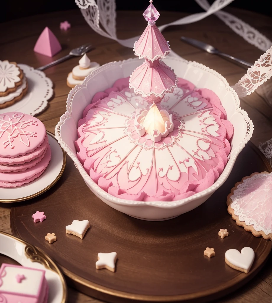 Create gorgeous handmade cookies that fit together like a puzzle in the forest Candy Castle Fairy World chocolate The light shines through Delicate lace and ribbon Light color gem lame Photon Mapping High Contrast Diamond particles antique The color is pink and white Cookie Puzzle