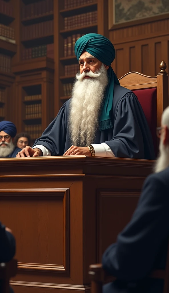 In a dignified and solemn courtroom, an Amritdhari Sikh judge, wearing a traditional turban and flowing white beard, presides over the proceedings from the judge’s bench. He is dressed in judicial robes, with the distinctive Kara on his wrist and a sense of calm authority in his expression. The courtroom is well-lit, with wooden furnishings and legal books lining the walls. Lawyers and attendees sit attentively, with the atmosphere reflecting the seriousness and respect for justice. The scene emphasizes the judge’s role in upholding the law, with his faith and identity proudly represented